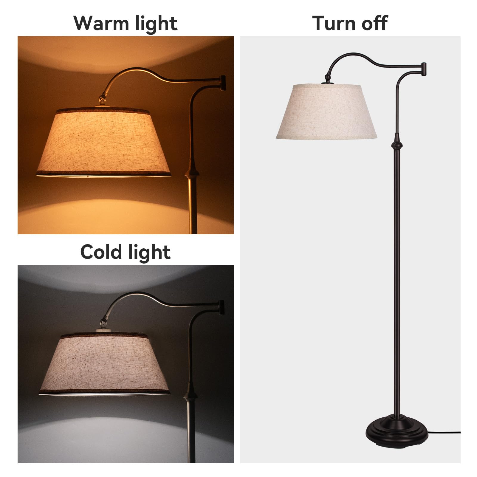 Lampa podłogowa z ramieniem obrotowym, lampy podłogowe łukowe z regulowanym ramieniem o zakresie 180° do salonu, lampa stojąca w stylu mid-century z lnianym kloszem, wysokie lampy do sypialni, salonu