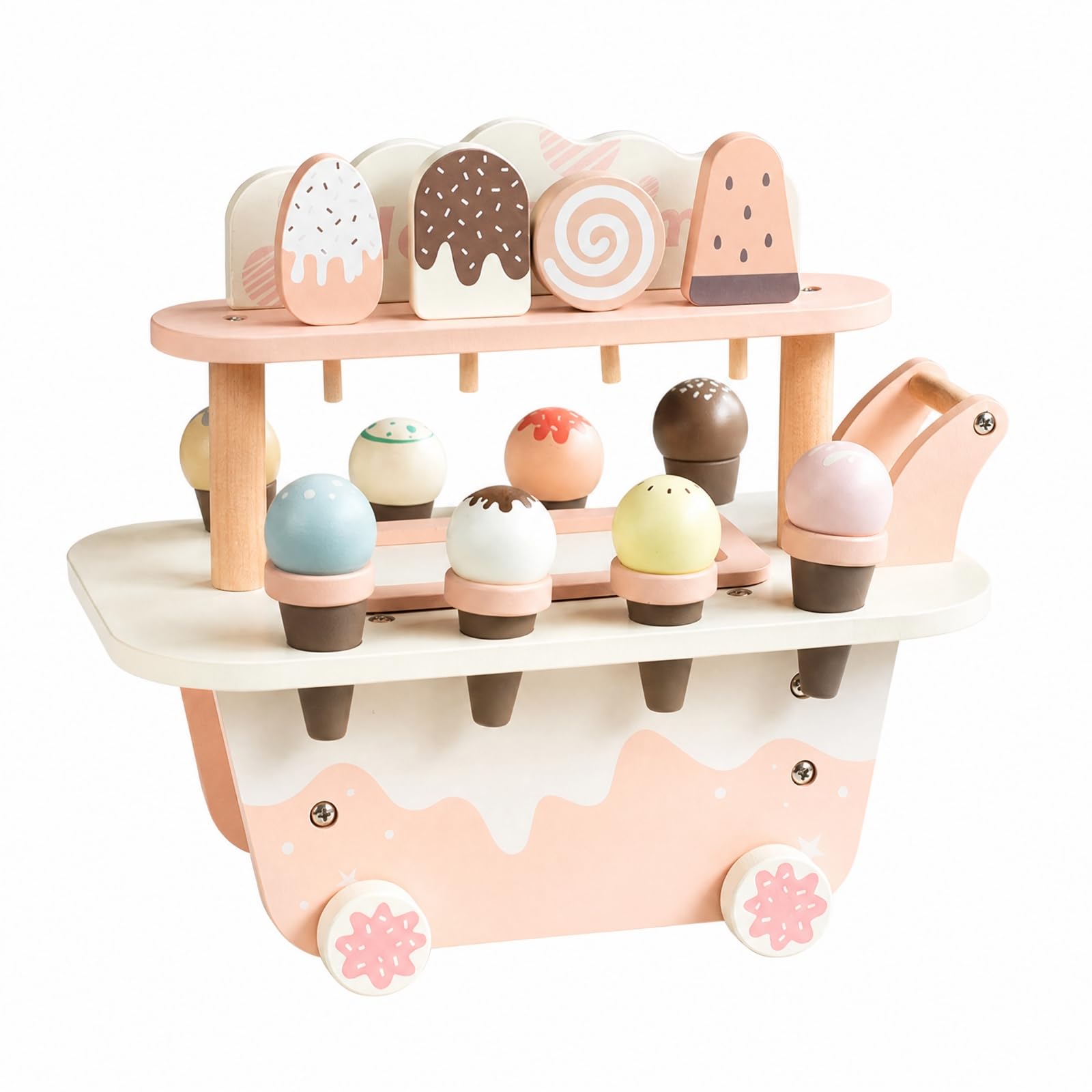 Banco Gelati Finto da Gioco | Colori Tenue Delicati, Carretto dei Dessert con Coni, Gelateria Giocattolo in Legno, per Cameretta, Bambini