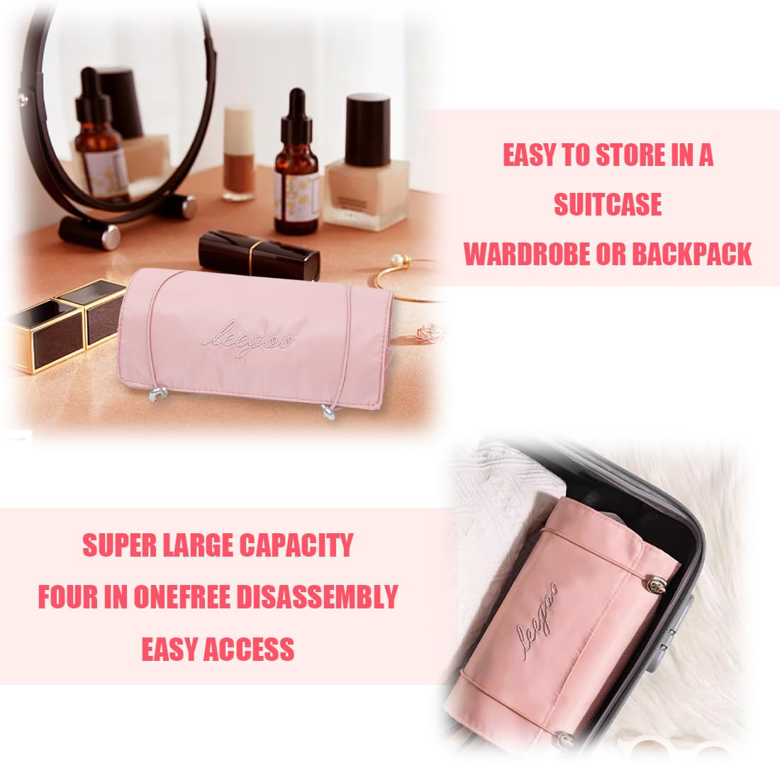 Beauty Case Da Viaggio Pieghevole Con 4 Borse Interne Rimovibili – Organizer Trucchi In Nylon Traspirante, Rosa, Portatile - 2
