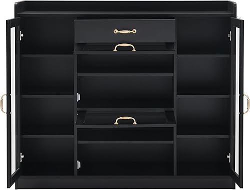 Miniatura 3 de AMNOOL Zapatero moderno con 4 puertas de vidrio y 3 ganchos, zapatero independiente con múltiples estantes ajustables y asas doradas para pasillo,