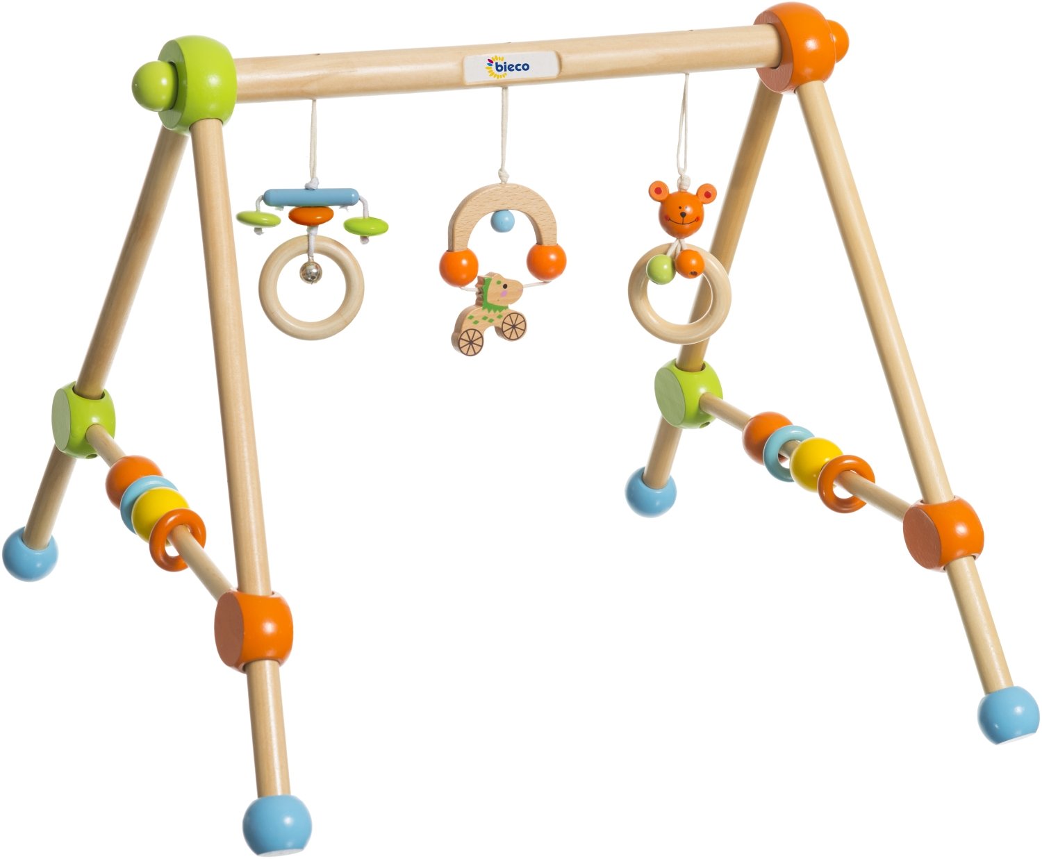 Bieco Spieltrapez | Spielbogen Baby Holz mit Figuren & Kugeln | Spielebogen Holz Baby | Spieltrapez Holz | Baby Mobile Holz | Activity Center Baby Gym | Holzspielzeug Baby | Baby Spielzeug