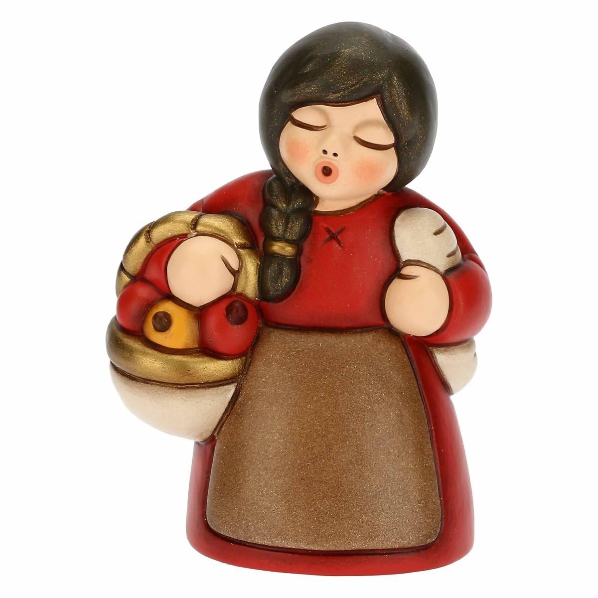 THUN - Presepe 2022 - Statuina Presepe Donna al Mercato in Ceramica Decorata a Mano, Versione Vestito Rosso - Linea Presepe Classico - 5,8x5x8 cm h