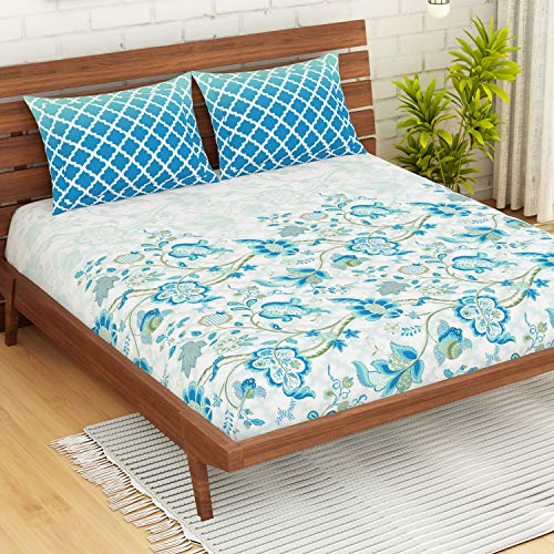 Image of Spaces Atrium 100% Cotton King Size Fitted Double Bedsheet with 2 Pillow Covers Soft Feel Skin Safe Breathable Fabric (Floral, 183 cm x 198 cm + 30 cm) - Blue