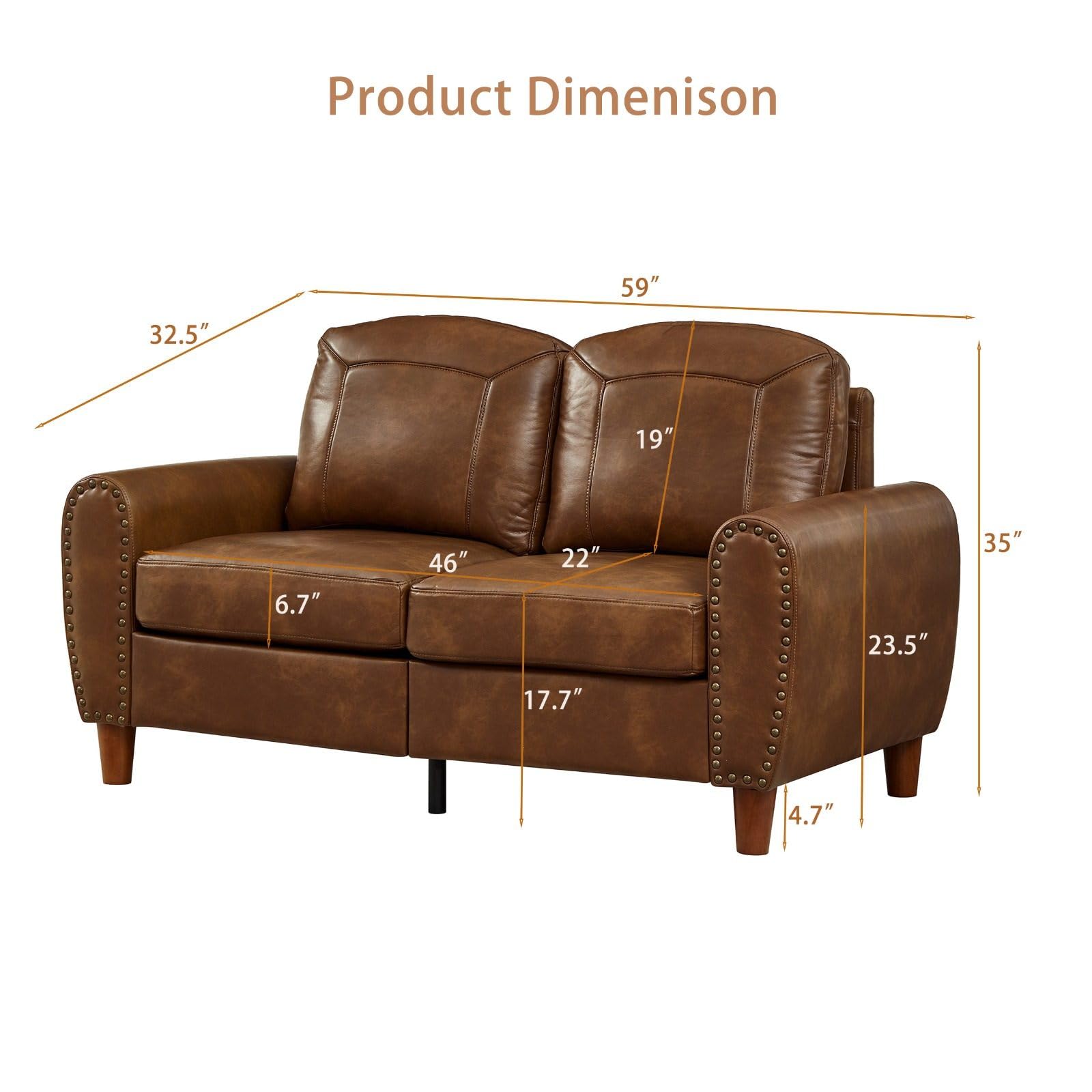 59" Loveseat Sofa with Rolled Arms, Classic PU Leather Couch, Brown image 5