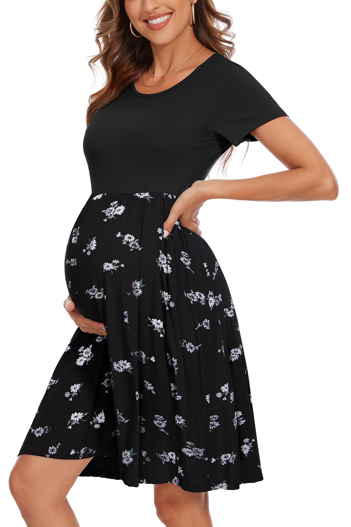 WOOXIO Women's Short Sleeve Maternity Dress Patchwork Pregnancy Clothes with Pockets