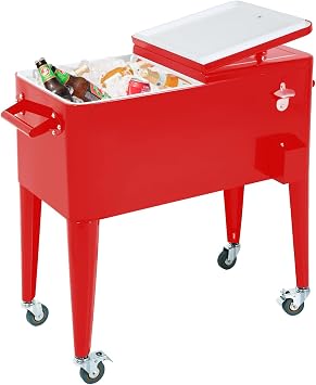 80 Quart Rolling Cooler Cart with Lockable Wheels, Portable Ice Chest for Outdoor Events, Patio Parties, Backyard BBQs, Picnics, Camping - Includes Bottle Opener & Bottle Cap Catcher
