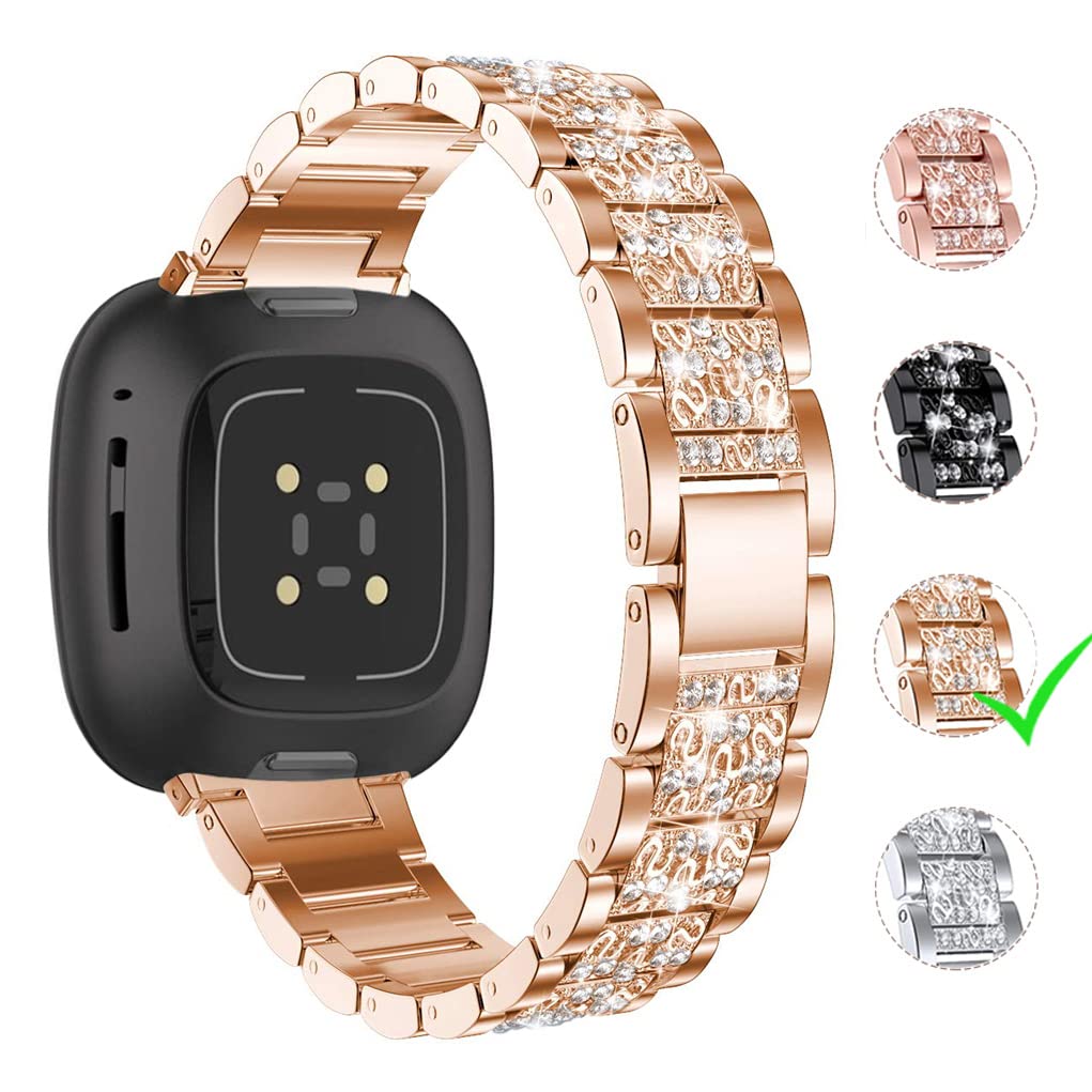 WIRATA Bling Strap,Compatible with Fitbit Versa 3/Sense bands,Luxe jewelry Rhinestone Stainless Steel Metal Versa 3/Sense Replacement Bracelet Wristband for Women (Rose Gold)