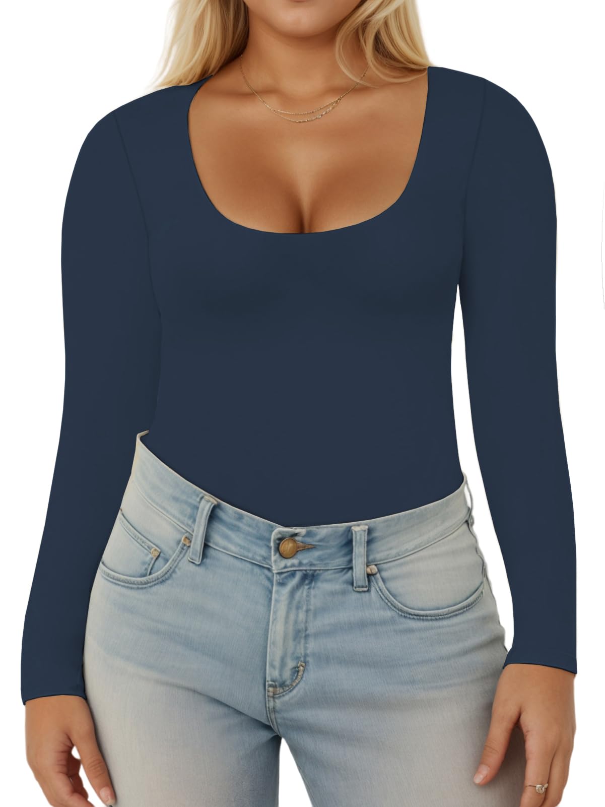 VISLILY Womens-Plus-Size-Long-Sleeve-Shirts Scoop Neck Tops Tight Slim Fit Undershirts Lightweight Thermal Basic Tee XL-5XL