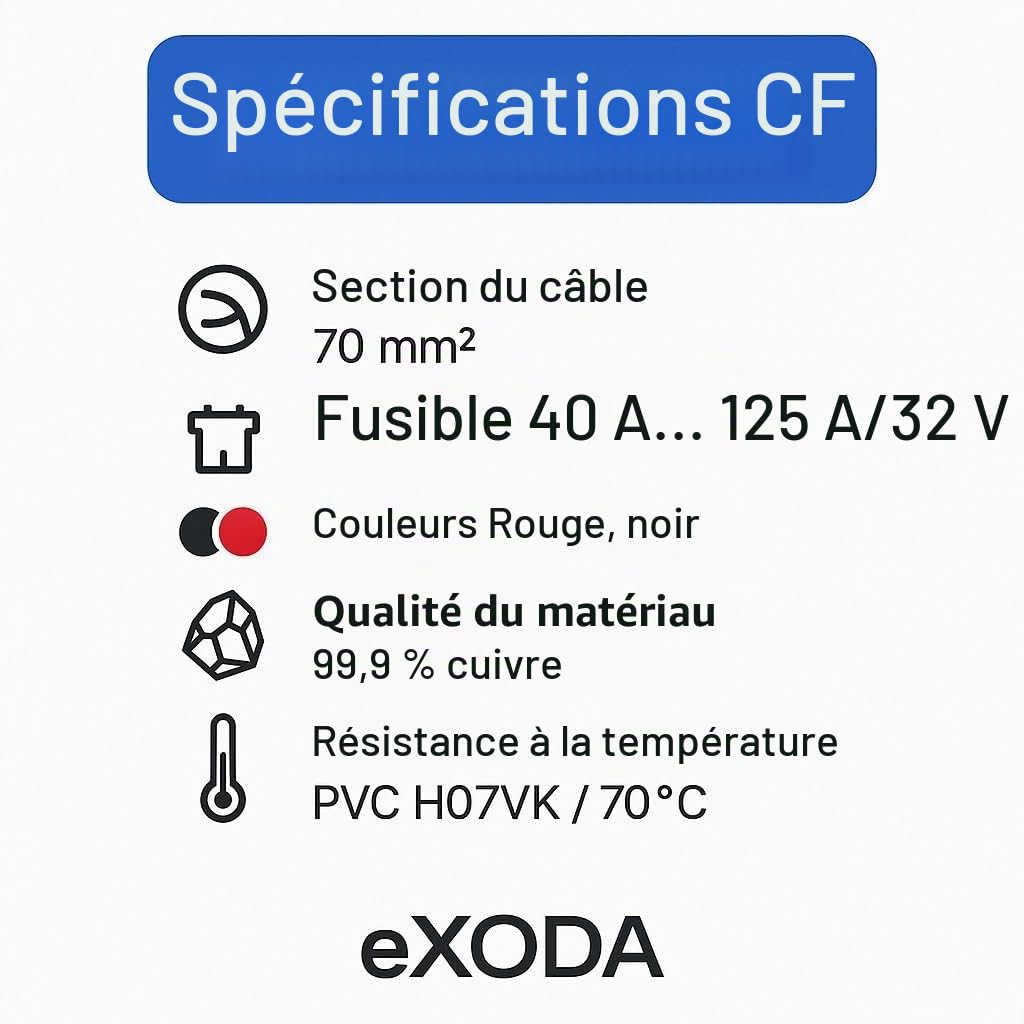 eXODA kit de câbles de batterie 70 mm2 30cm cosse M8 rouge noir avec support de fusible pour écartement de trou de 50 mm résistant à la chaleur max 32V pour voiture moto et usage industriel