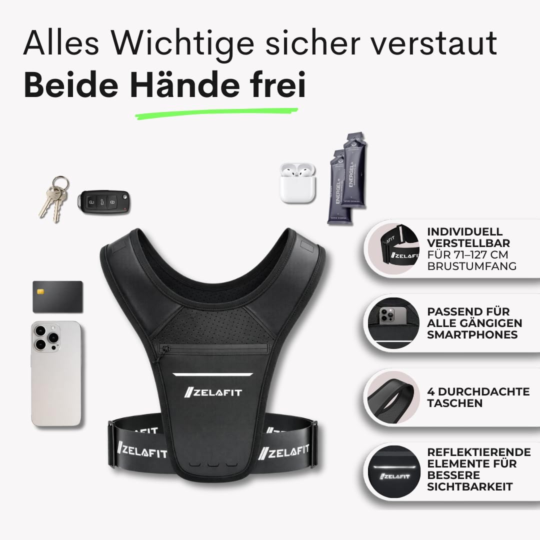 ZelaFit® Laufweste für Damen und Herren, Einheitsgröße, verstellbar, leichte Laufweste mit Reflektoren, wasserdichter Handytasche, Schlüsselhalter, kompakte Alternative zum Laufrucksack (Schwarz)