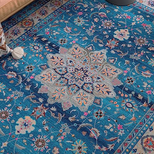 Area Rugs For Living Room 5X7 Bohemian Rugs Non-Slip Machine Washable Chenille Carpet Persian Stain Rug Bedroom Dining Kids Nursery Office Laundry Room Decor Bathroom Kitchen Indoor (Blue/Beige) #TOP4