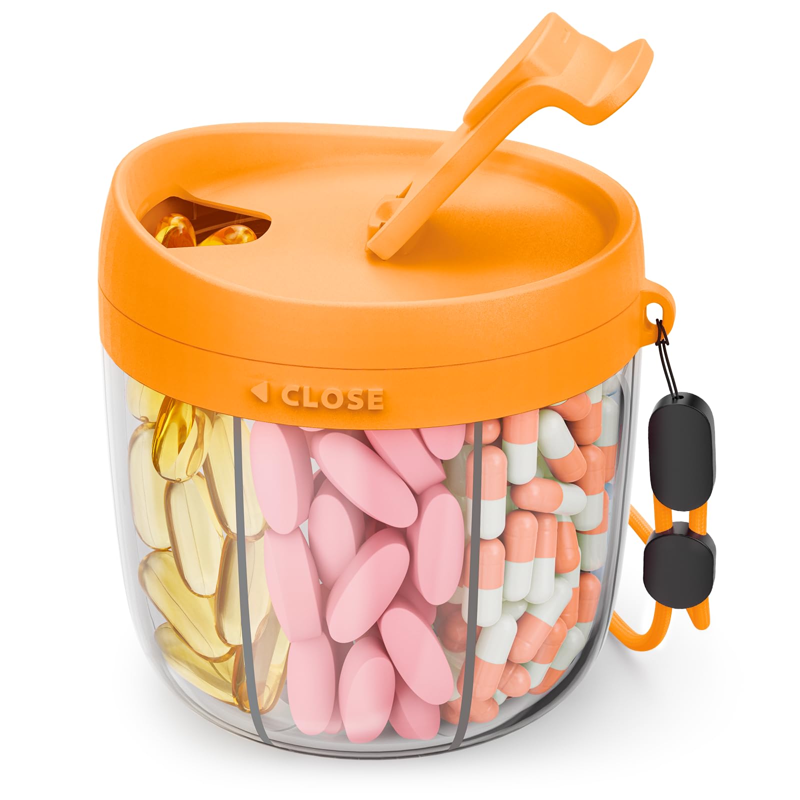 AMOOS Cute Pill Dispenser with 7 Large Compartments, Portable Pill Bottle Organizer with Wide Opening for Easy Use, Anti-Mix Pill Organizer for Travel, BPA-Free Pill Container, Orange
