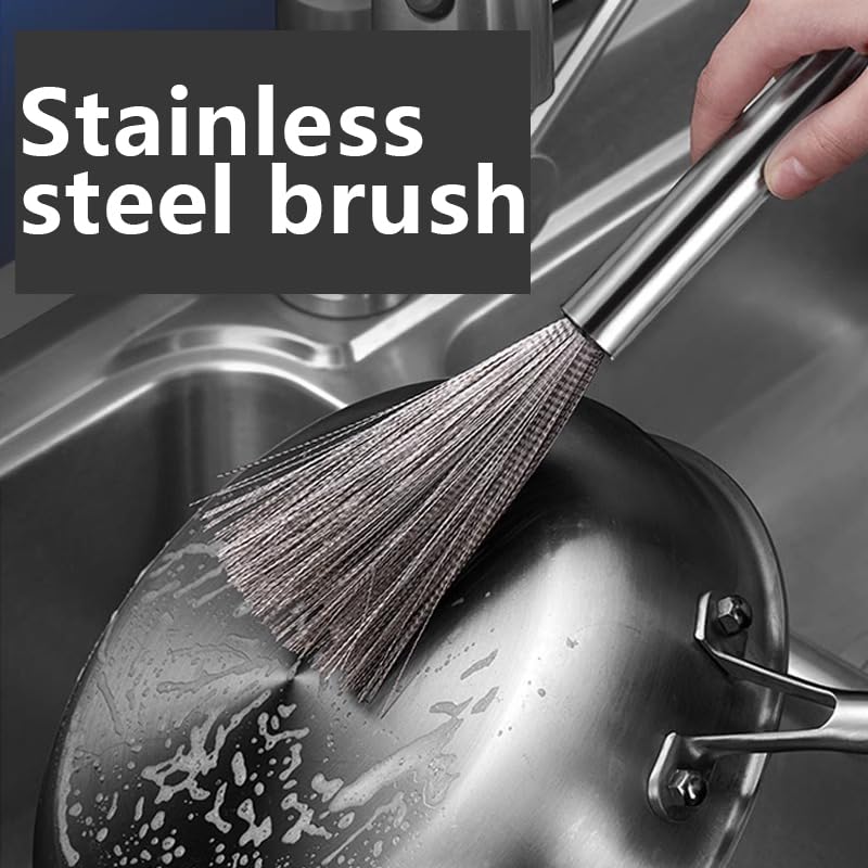 Image of Clening Brush Set,Stainless Steel Wool Scrubber,3 Pack Kitchen Brush-Steel Wool Scrubber,Long-Handled Steel Wool Brush,Handled Pans Sink Scrubbing Brush for Cleaning Tableware and Cooking Tools.
