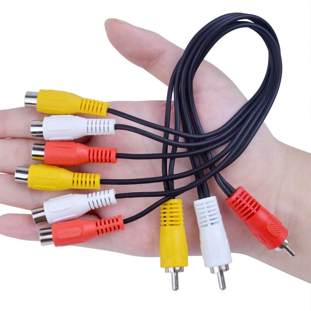 Cable divisor RCA, 3 conectores RCA macho a 6 conectores RCA hembra, cable divisor adaptador AV de audio y video para laptop, computadora, proyector (paquete de 2, 32 cm)