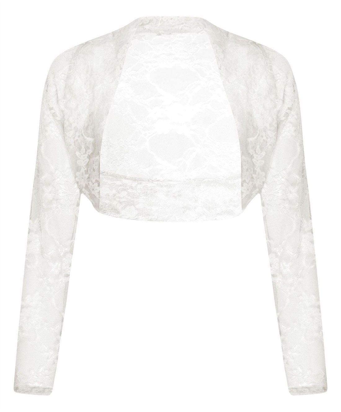 FAIRY BOUTIQUE Womens Floral Lace Cropped Bolero Shrug Ladies Long Sleeve Open Front Crop Cardigan Top White