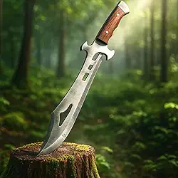 Faca de Aventura Robusta com Lâmina Forjada e Cabo de Madeira. Ideal para Camping, Trilhas e Sobrevivência. Acompanha Coldre de Couro Artesanal. (36 cm)