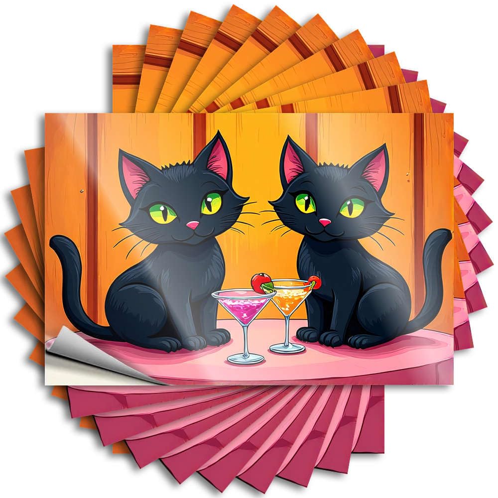 Two Black Cats Enjoying Colorful Cocktails Retro Home Decor Optical Illusion - Tattoos Water Waterproof Decal(12X18CM)