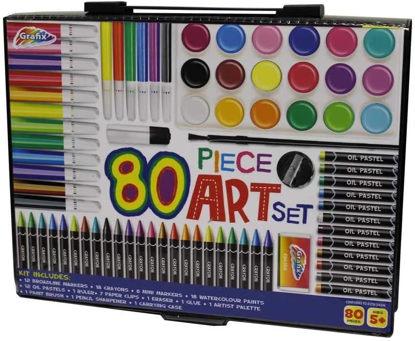 80 Piece Presentation Art Set, Markers, Crayons, Paints, Pastels and More
