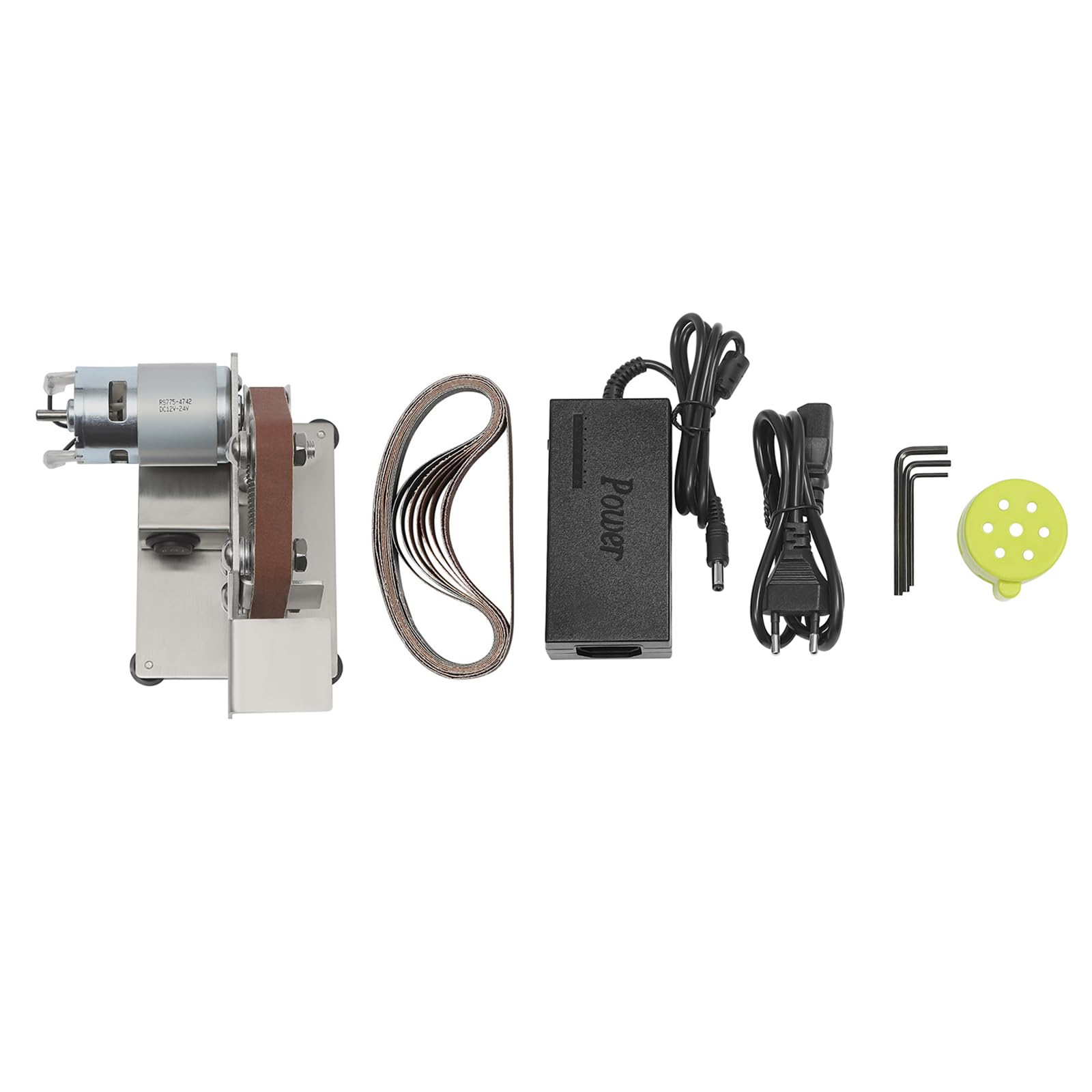 Lijadora de banda, 150 W, minilijadora de banda con 10 bandas de lijado, 10000 rpm, lijadora de pulidora de bricolaje, alimentación ajustable de 7 velocidades+llave inglesa de 3 piezas