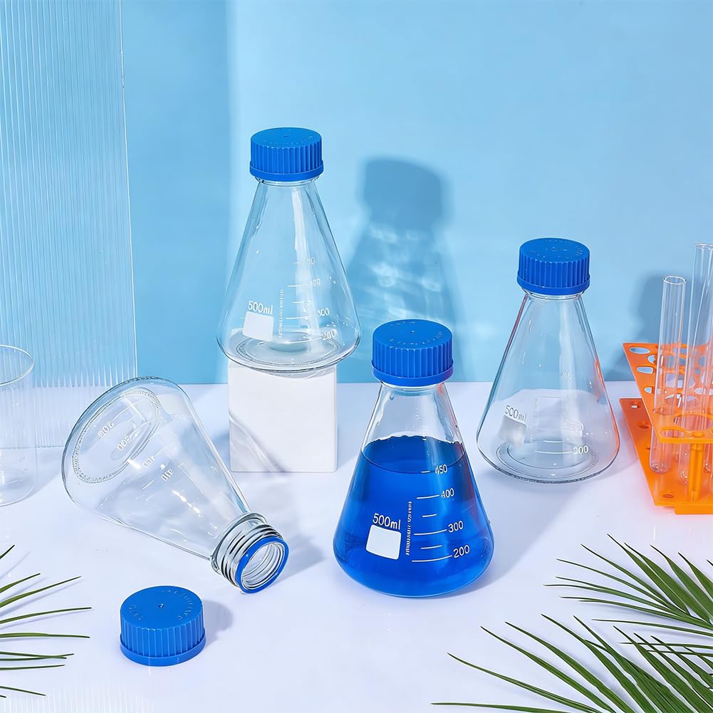 OLYCRAFT 4 Erlenmeyerkolben Set Mit Blauem Deckel 500 ml Aus Glas Mit Aufgedruckter Graduierung Konische Glasflaschen Mit Blauem Deckel Für Laborexperimente