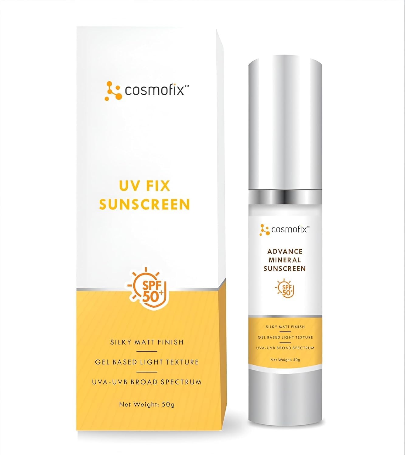 Cosmofix UV Fix Sunscreen SPF 50, Advance Mineral Sunscreen, Silky Matt Finish, Gel Based Light Texture, UVA-UVB Broad Spectrum, 50g