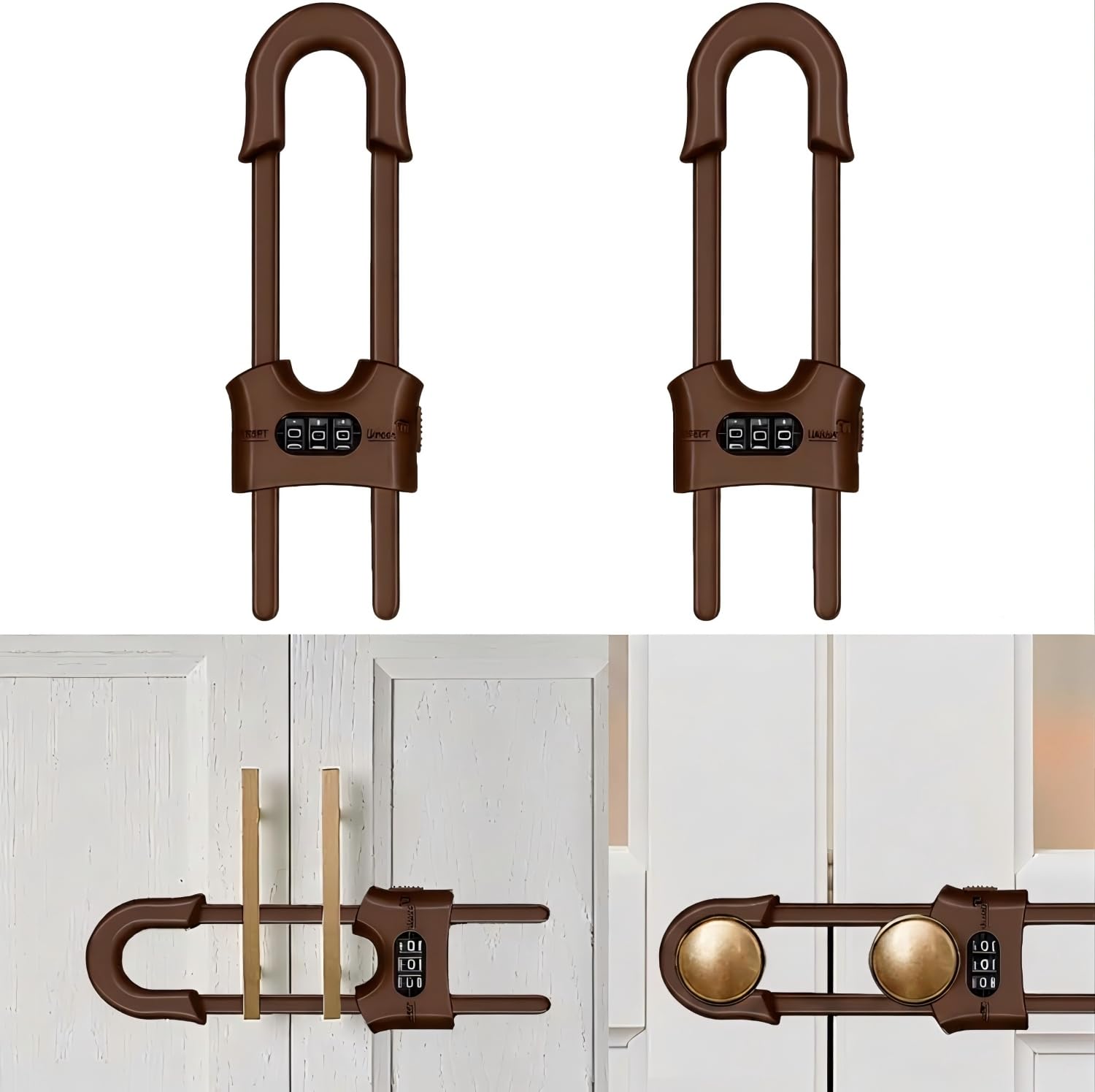 Cupboard Locks, Child Safety Sliding Cabinet Lock, U Shape Adjustable 3 Digit Password Combination Locks for Kitchen Cabinets and Cupboards, Install Without Drilling or Adhesive (Brown, 2 Pcs)