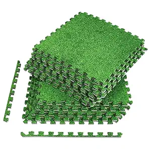 Sorbus Grass Mat Interlocking Grass Tiles  Soft Artificial Carpet Grass Turf  Multipurpose Fake Grass Flooring  for Deck, Patio, Playrooms, Borders Included (12 Tiles,48 Sq ft)
