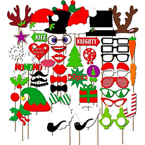 BESTZY Accessoires de Photographie 50 Boîte Photo Noël Selfie Parfait DIY Accessoires pour Les Soirées à Thème Carnaval, Les Fêtes d'anniversaire, Mariage, Diplôme et Festivals Cover