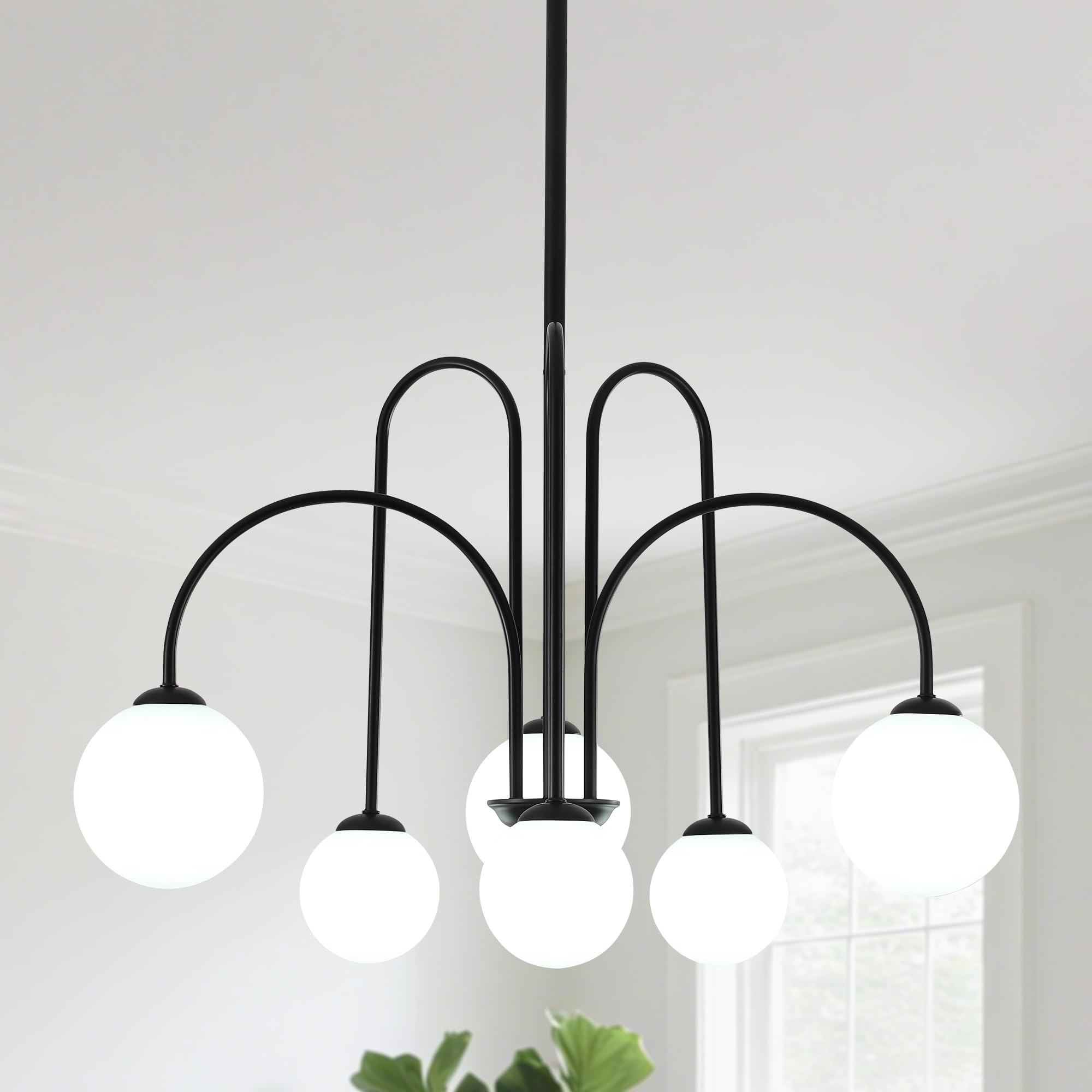 MRHYSWD 6 Lights Modern Chandeliers Ceiling Light Living Room, Black Pendant Light with White Glass Shade, Globe Hanging Ceiling Lights for Kitchen Island Lights, Adjustable Height, Exclude G9 Bulbs