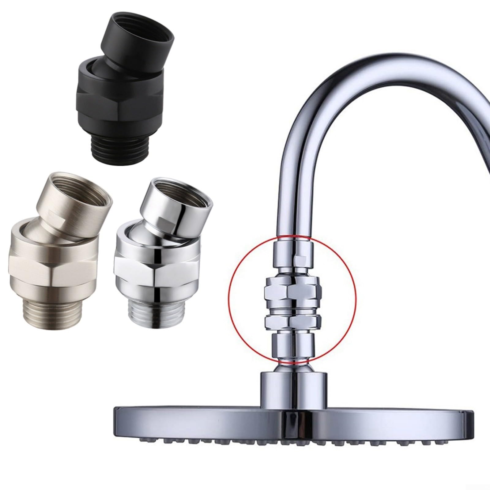 Adattatore girevole per soffione doccia, giunto sferico, in ottone, flusso d'acqua, angolo regolabile, filettatura G1/2, argento spazzolato, nero (argento)