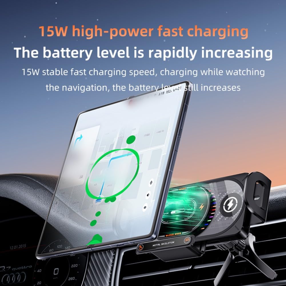 Cargador de coche inalámbrico rápido de 15 W con luz RGB, soporte de ventilación ajustable para Samsung Galaxy Fold and Flip, rotación vertical horizontal de la pantalla