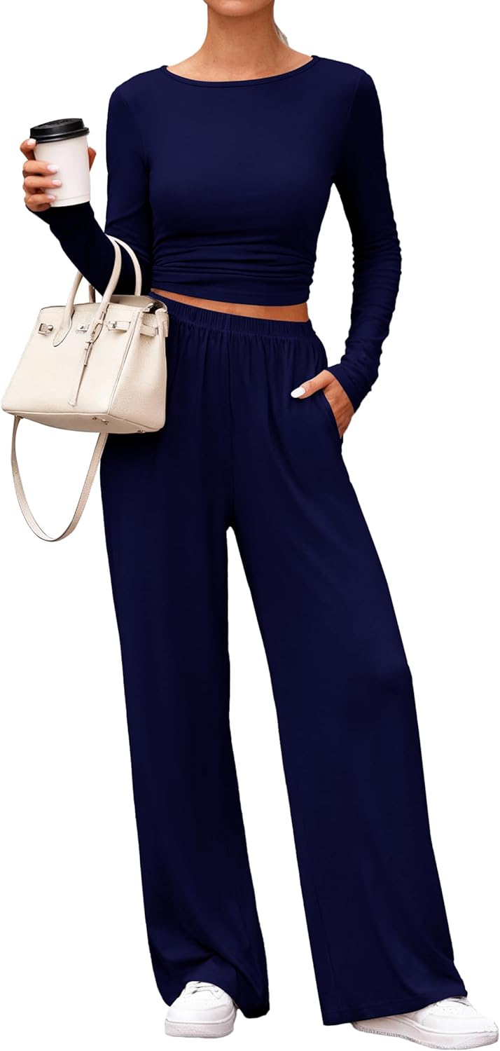 PRETTYGARDN Two Piece Lounge Sets For Women 2025 Casual Long Sleeve Shirts Wide Leg Pants Tracksuit Workout Matching Set