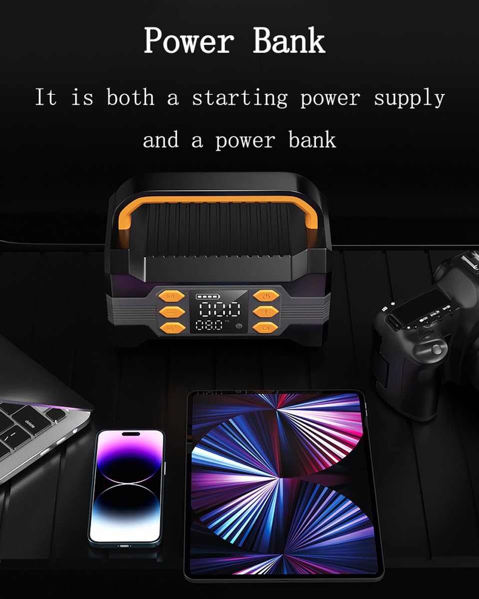 Paquete EnergíA Arranque con Compresor Aire, 150 PSI 10000 mAh 5 en 1 Banco EnergíA Arranque Emergencia AutomóVil (para AutomóVil 12 V 8,0 L Gasolina/7,0 L DiéSel) con Linterna LED(Black)