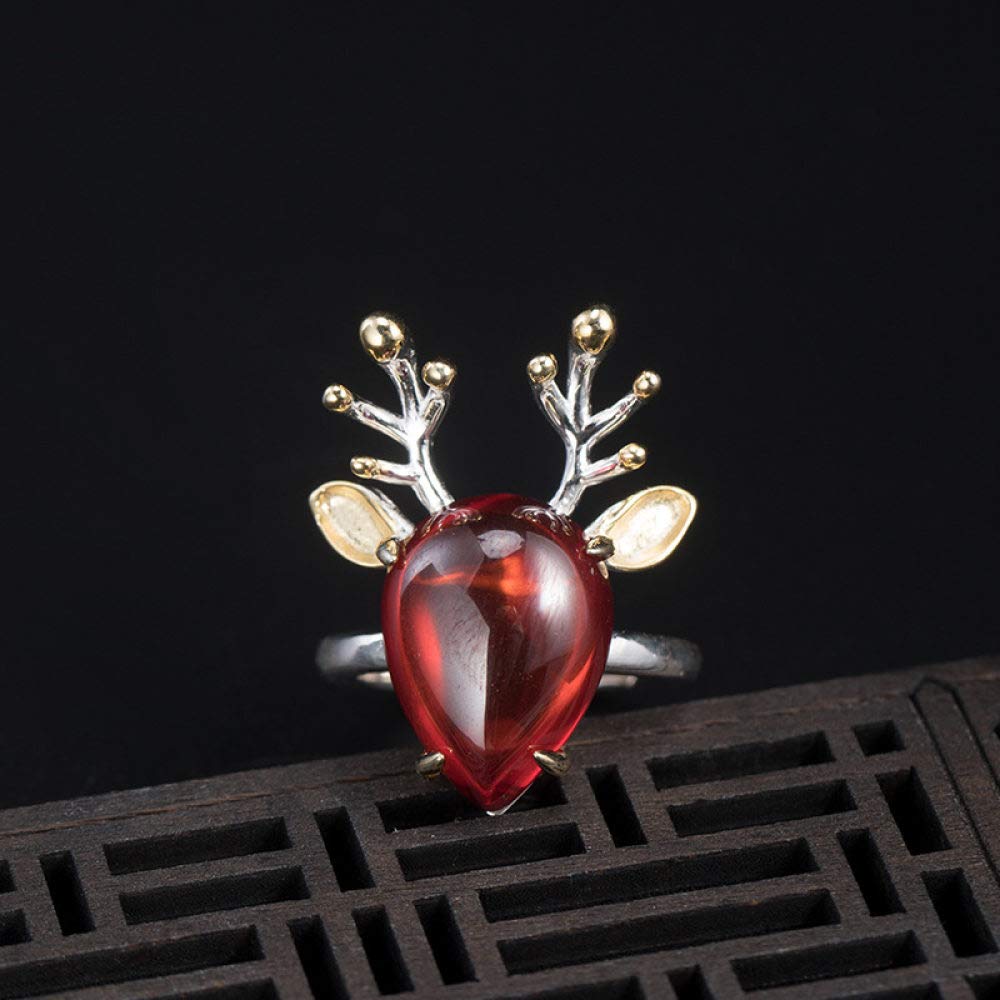 Vintage Estilo Chino S 925 Anillo De Plata Mujer Inlay Garnet Yilu Abierto Tiene Usted Regalo Creativo De Moda De Tendencia De Personalidad Temperamento Elegante