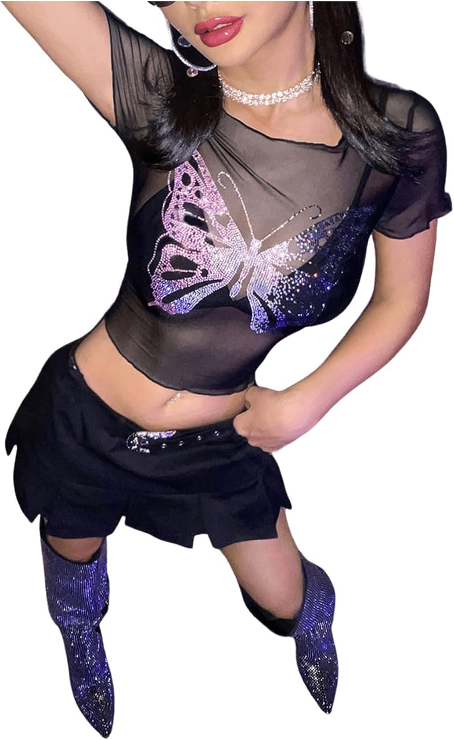 SHENHE Women's Mesh Sheer Butterfly Sequin Crop Top Y2k Short Sleeve Rave Club Top - Image 6