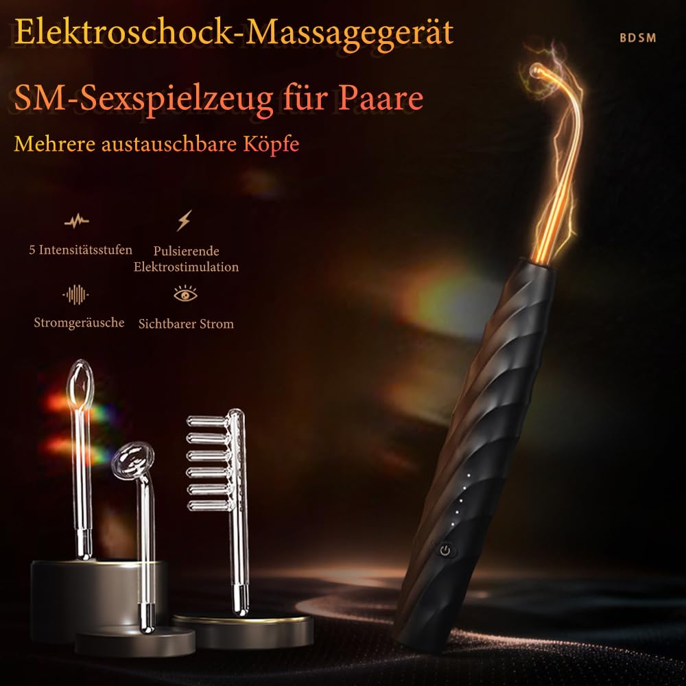 Elektroschocker BDSM Massagestab mit sichtbarem Stromfluss und 4 austauschbare Aufsätze, 5 Modi Elektrostimulation Massagegerät, USB-aufladbar Erotik Sexspielzeug für Männer, Frauen & Paare