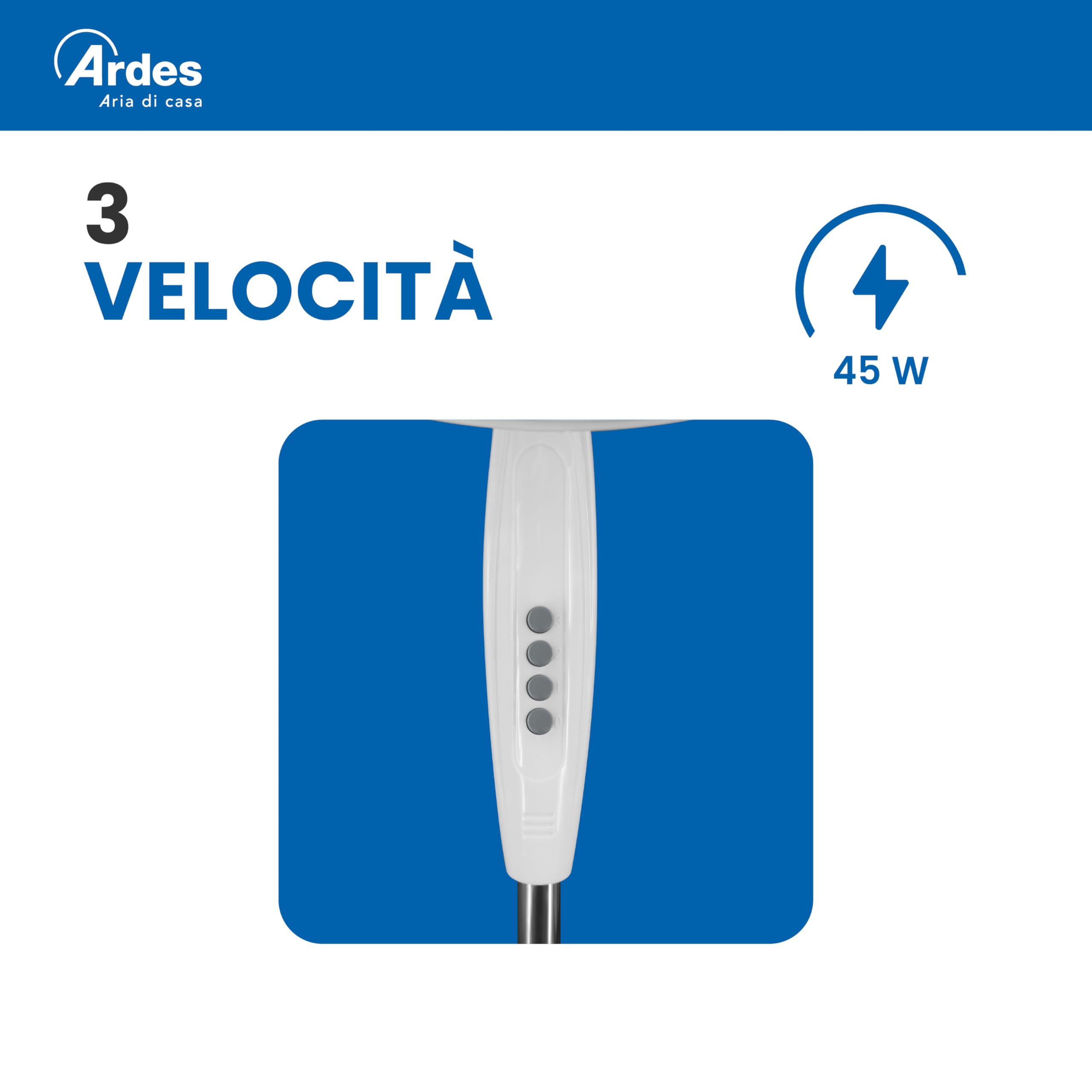 ARDES STEELO 40PBW AR5ST40PBW Ventilatore a piantana Ø40 cm 45 W con 3 velocità, altezza regolabile 100–120 cm e oscillazione automatica