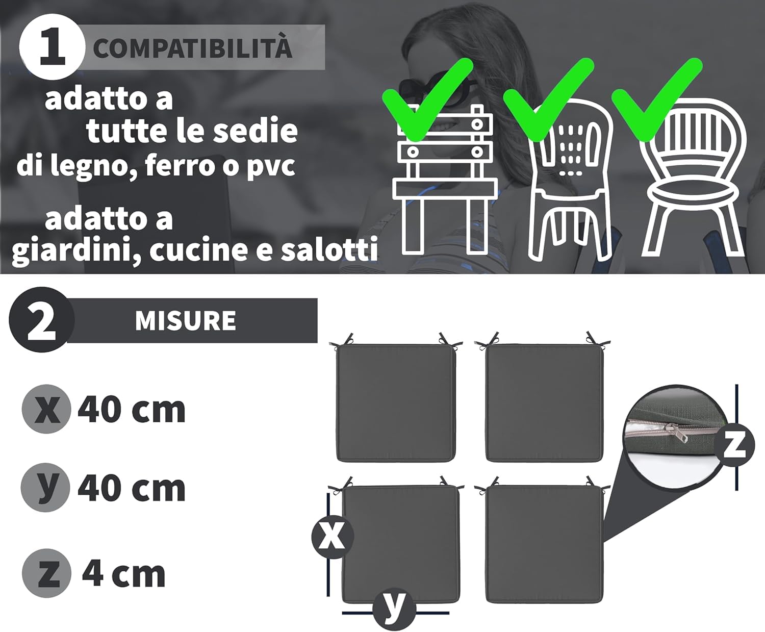 HAND - Set 4 Cuscini Sedie Esterno e Interno Sfoderabili 40x40 cm, Imbottitura Morbida, Cuscini per Sedie da Cucina, Giardino, Patio (Antracite, Set da 4)