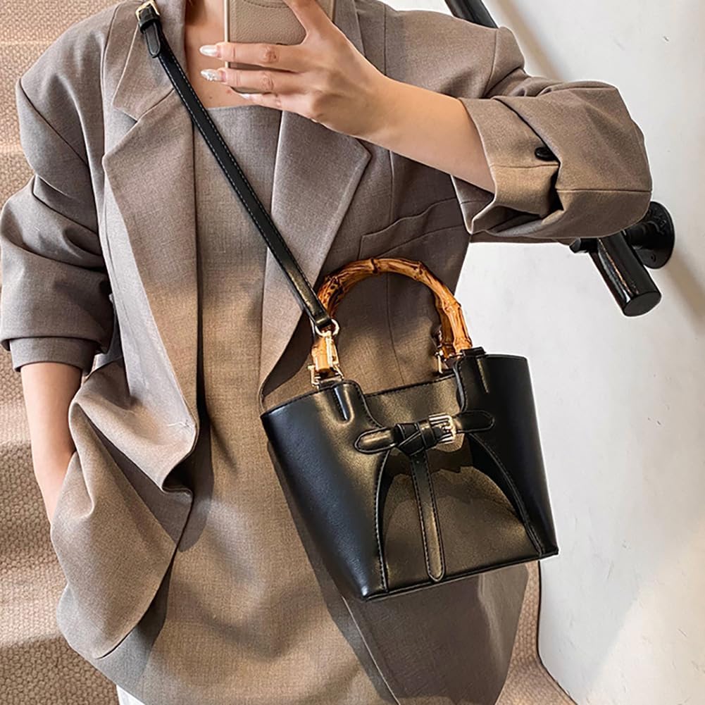 Women’s Bucket Bag Trendy Crossbody Bags For Women Vegan Leather Bamboo Handle Shoulder Handbags Spring Summer Travel Purse - Image 3