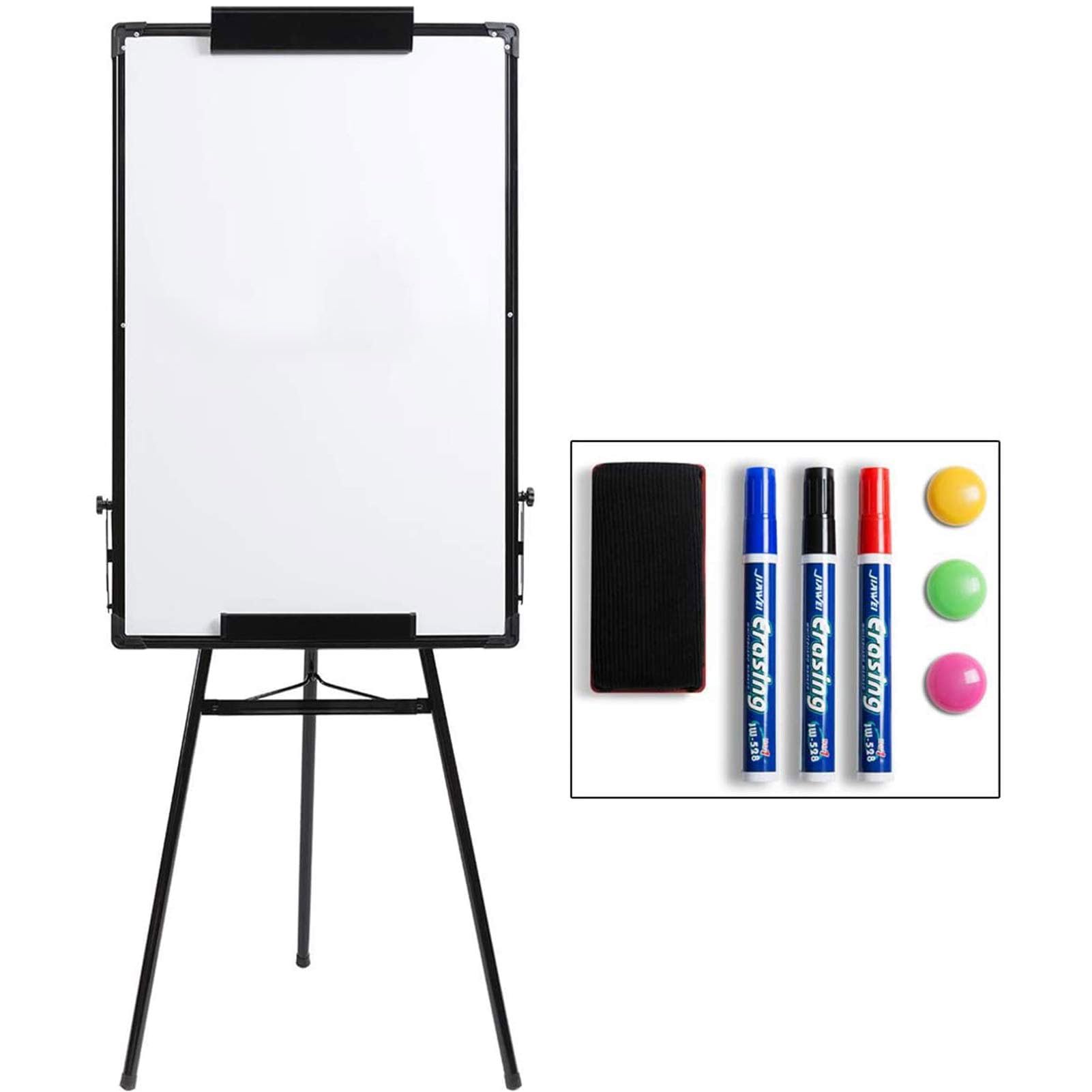 DOEWORKS Flip Chart Easel Whiteboard 90x60cm Tripod, Dry Erase Magnetic White Board Flipchart, Height Adjustable and Foldable Whiteboard for Home School Office, Black