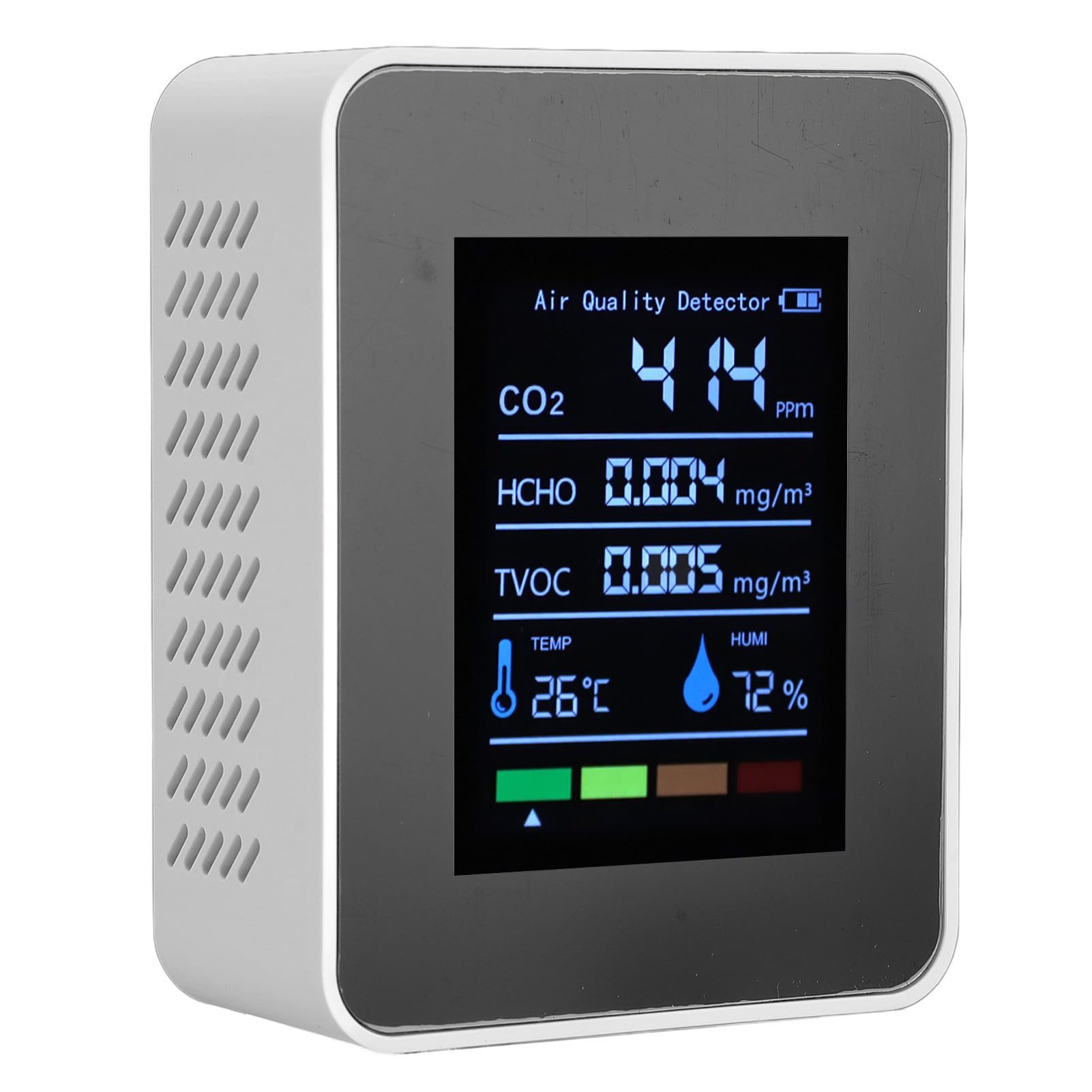Close-up of the PUSOKEI Air Quality Monitor display showing CO2, HCHO, TVOC, Temperature, and Humidity readings.