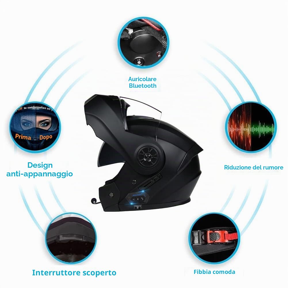 Casco Moto Integrato Bluetooth Modulare Flip Full Face Apribile con Doppia Visiera Caschi Speaker Integrato Microfono per Risposta Automatica Donna o Uomo Certificazione ECE