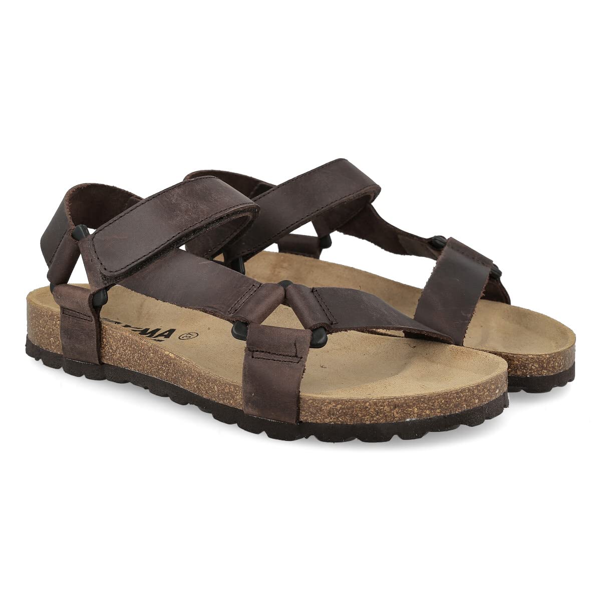Sandalias de Piel de Dos Hebillas Unisex. Punta abierta. Chanclas Californianas Verano Cómodas en Cuero Tipo Bio. Plantilla Anatómica. Marrón, Negro, Cuero.
