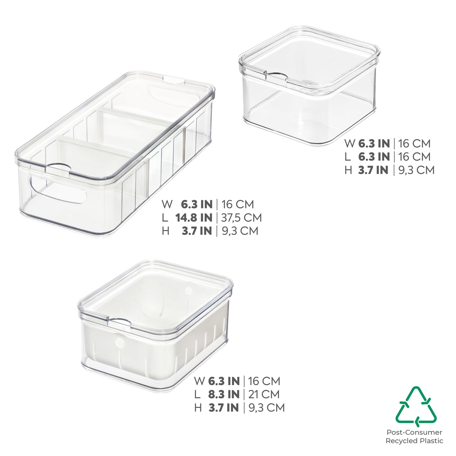 iDesign Organizer Frigorifero, Contenitori frigo con Coperchio in Set da 3, Contenitori per Frigorifero in plastica Riciclata per l'organizzazione di Alimenti, Trasparente/Bianco