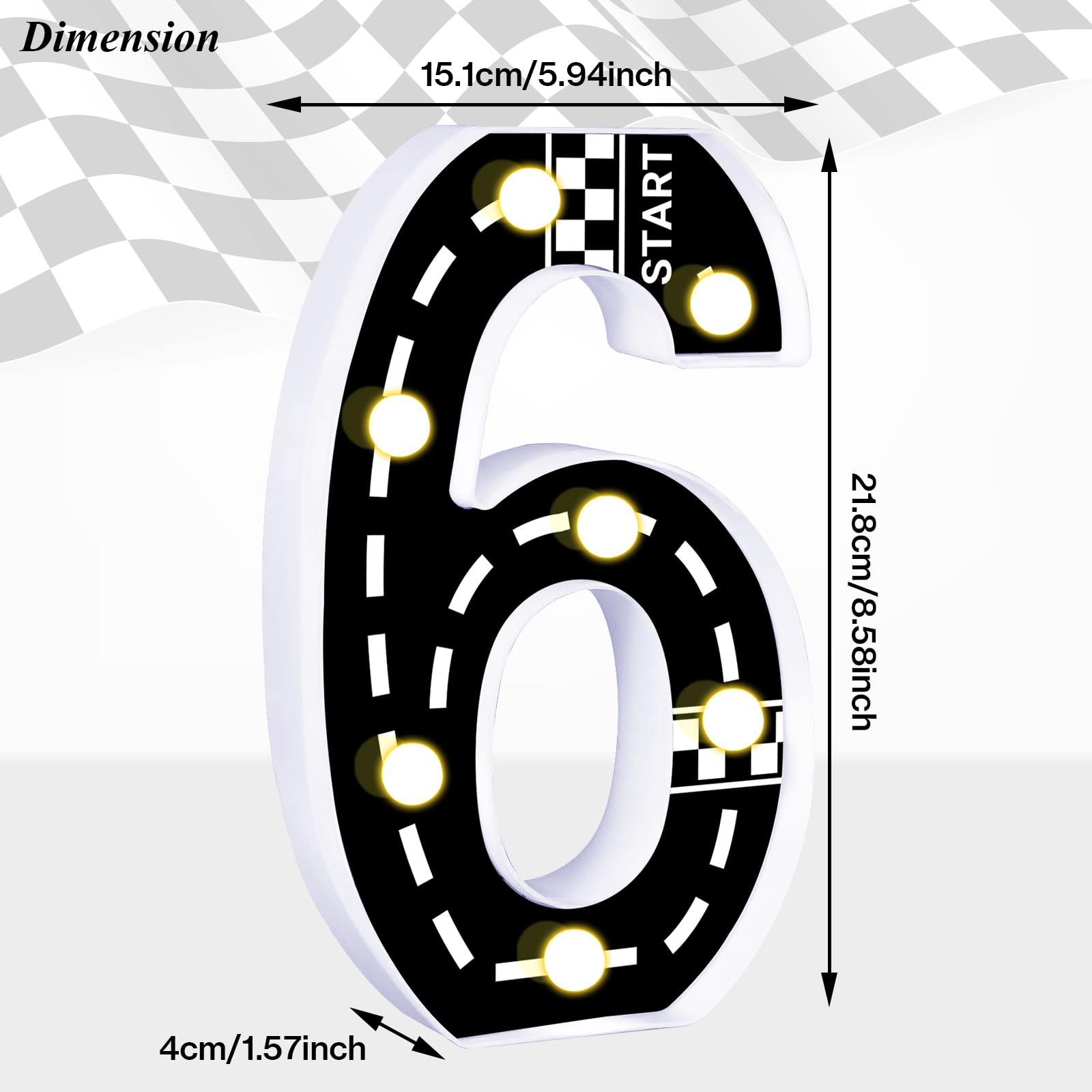 Racing Car Light Up Numbers Checkered Decorations Happy Birthday Light Up Sign Racetrack Inspired Decor Cars Theme Party Supplies (Number 6)