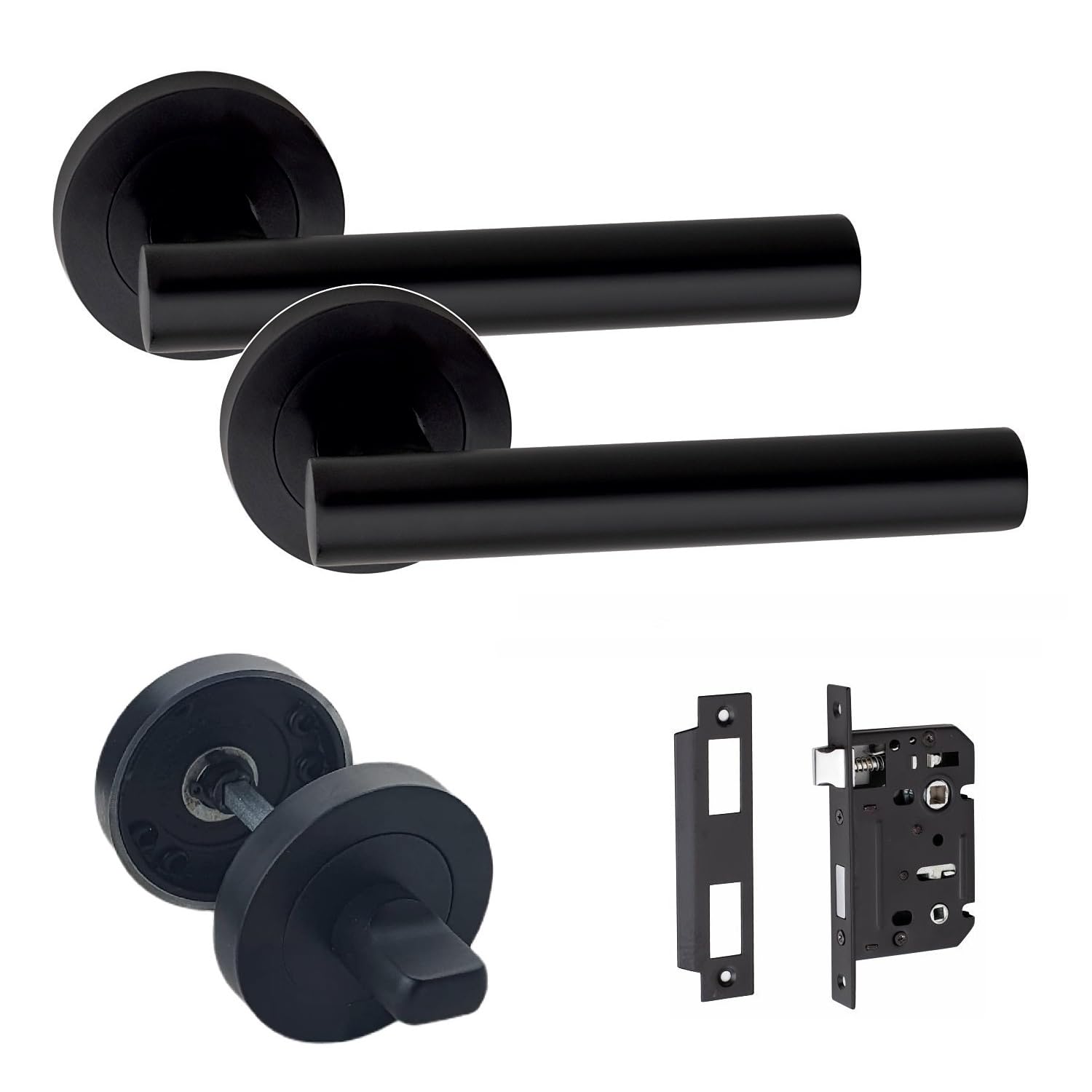 Golden Grace Straight T-Bar Design Bathroom WC Toilet Door Handles Set on Round Rose in Matt Black Finish with 64mm Bathroom Mortise Lock & Thumbturn