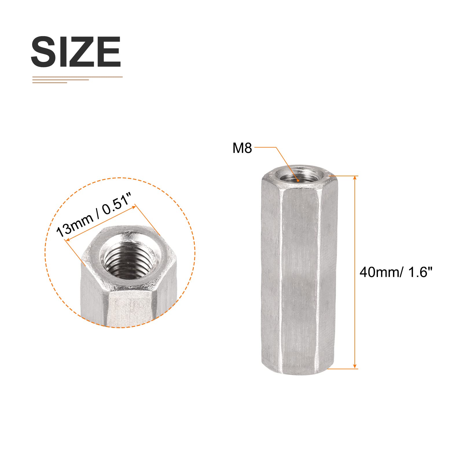 DTGN M8x40mm(DxL) - Hex Standoff Spacer Nuts -2Pack- Good for Electronic Machine - 304 Stainless Steel Coupling Screws - Image 2