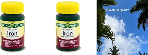 Juego de 4 suplementos dietéticos de hierro de liberación lenta Spring Valley, 60 unidades + guía de vitaminas