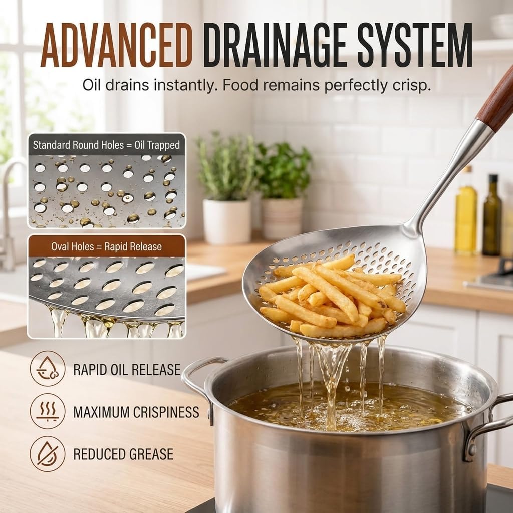 16 Inch Skimmer Slotted Spoon, Wooden Handle, Large Stainless Steel Spider Strainer for Kitchen Cooking Frying Draining
