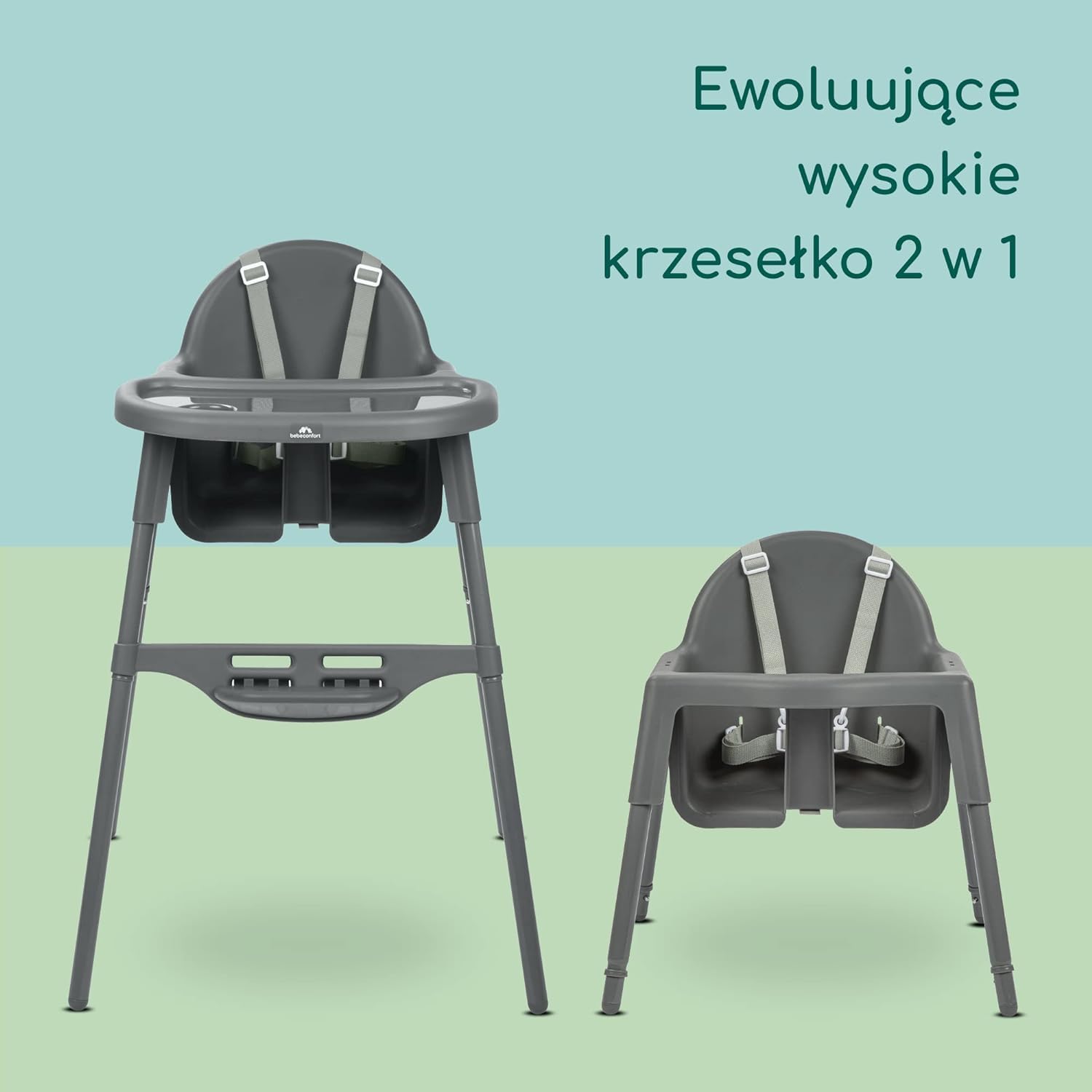 Bebeconfort Meely, regulowane kszesełko do karmienia 2 w 1 zmienia się w krzesełko dla dziecka, 6 miesięcy - 3 lata (maks. 15 kg), lekkie (3,3 kg), łatwo się czyści, 5-punktowa uprząż, Dark Grey